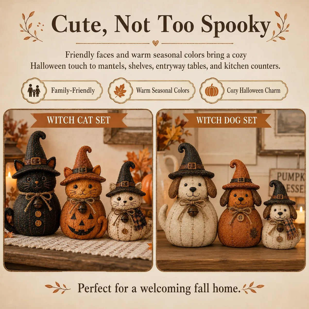 🔥🎁Vintage Witch Cat & Dog Decor Set
